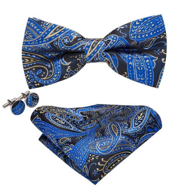 Black, Blue &amp; Yellow Paisley Matching Bowtie Set (3pc) - Modern Mister-Men&#39;s Bowtie, Pocket Square, Cufflink Set-Black-Blue-Bowtie