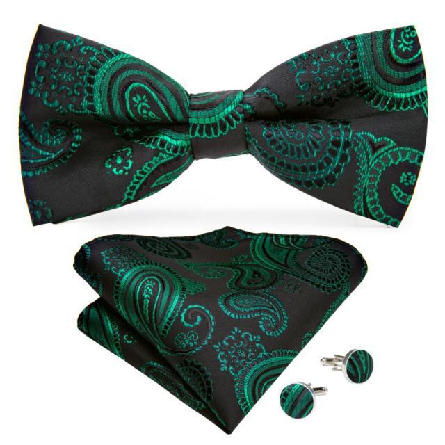 Black &amp; Emerald Green Paisley Matching Bowtie Set (3pc) - Modern Mister-Men&#39;s Bowtie, Pocket Square, Cufflink Set-Black-Bowtie-Bowtie Set