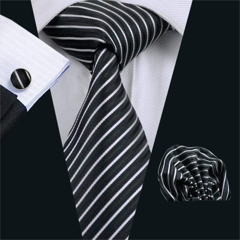 Black & White Thin Stripes Matching Tie Set (3pc) - Modern Mister