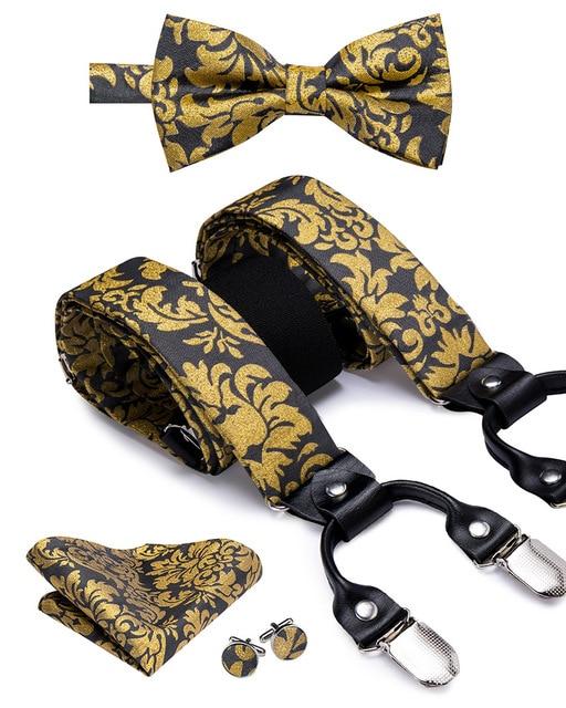 Black with Gold Floral Matching Bowtie &amp; Suspenders Set (4pc) - Modern Mister-Men&#39;s Suspenders &amp; Bowtie Set (4pc)-Black-Bowtie-Bowtie Set