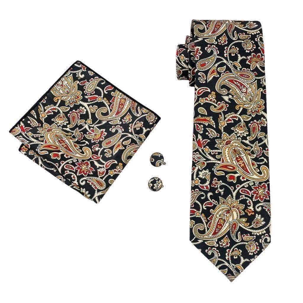 Black with Yellow, Red & Orange Paisley Matching Tie Set (3pc) - Modern ...