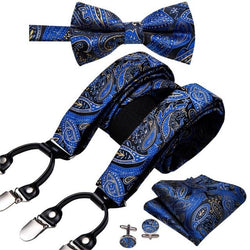 Blue, Black & Yellow Paisley Matching Bowtie & Suspenders Set (4pc) - Modern Mister-Men's Suspenders & Bowtie Set (4pc)-Black-Blue-Cufflinks