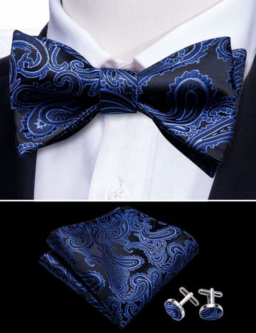 Blue Paisley Matching Bowtie Set (3pc) - Modern Mister-Men's Bowtie, Pocket Square, Cufflink Set-Blue-Cufflinks-Men's Bowtie
