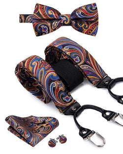 Blue, Red, Black & Gold Paisley Matching Bowtie & Suspenders Set (4pc) - Modern Mister-Men's Suspenders & Bowtie Set (4pc)-Black-Bowtie-Bowtie Set