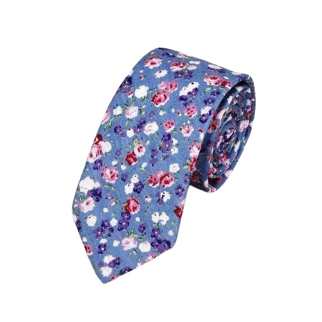Blue with Red, Purple & Pink Flowers Cotton Skinny Tie - Modern Mister