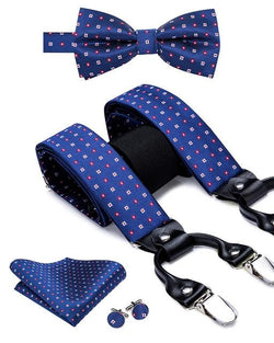 Blue with Red & White Squares Matching Bowtie & Suspenders Set (4pc) - Modern Mister-Men's Suspenders & Bowtie Set (4pc)-Blue-Bowtie-Bowtie Set