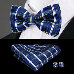 Blue with White & Yellow Crosshatch Matching Bowtie Set (3pc) - Modern Mister-Men's Bowtie, Pocket Square, Cufflink Set-Blue-Bowtie-Bowtie Set