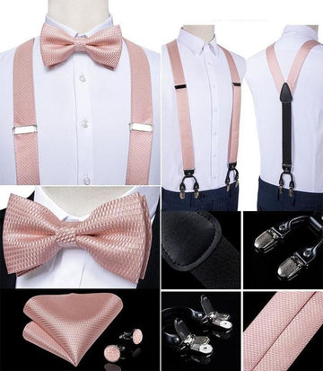 Blush Pink Matching Bowtie & Suspenders Set (4pc) - Modern Mister-Men's Suspenders & Bowtie Set (4pc)-Cufflinks-Light Pink-Men's Bowtie