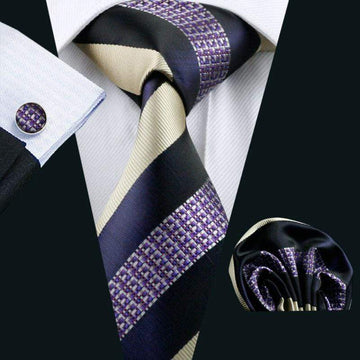 Dark Purple, Light Purple, Silver & Cream White Striped Tie Complete Set - Modern Mister
