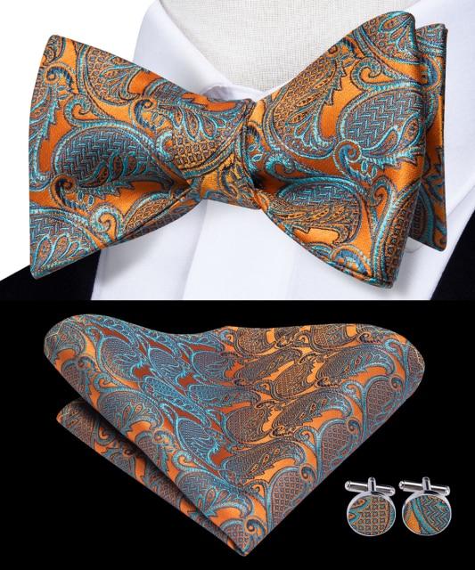 Fire Orange &amp; Light Blue Paisley Matching Bowtie Set (3pc) - Modern Mister-Men&#39;s Bowtie, Pocket Square, Cufflink Set-Blue-Bowtie-Bowtie Set