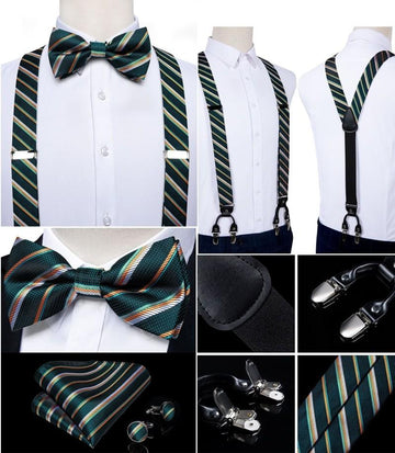 Forest Green with Gold & White Stripes Matching Bowtie & Suspenders Set (4pc) - Modern Mister-Men's Suspenders & Bowtie Set (4pc)-Cufflinks-Forest Green-Gold