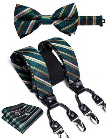 Forest Green with Gold & White Stripes Matching Bowtie & Suspenders Set (4pc) - Modern Mister-Men's Suspenders & Bowtie Set (4pc)-Cufflinks-Forest Green-Gold