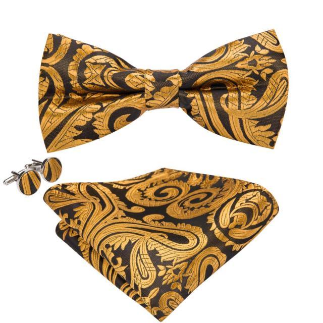 Gold &amp; Dark Gold Paisley Matching Bowtie Set (3pc) - Modern Mister-Men&#39;s Bowtie, Pocket Square, Cufflink Set-Bowtie-Bowtie Set-Cufflinks