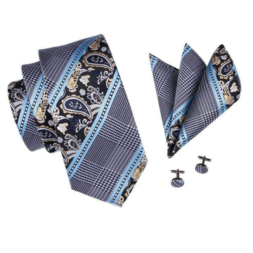 Gold & Navy Blue Paisley with Crosshatch Stripes Tie Complete Set - Modern Mister