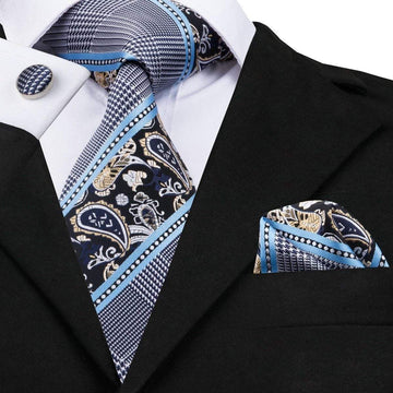 Gold & Navy Blue Paisley with Crosshatch Stripes Tie Complete Set - Modern Mister