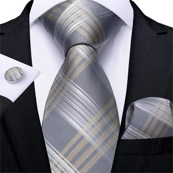 Gray, Tan & Silver Box Stripes Matching Tie Set (3pc) - Modern Mister