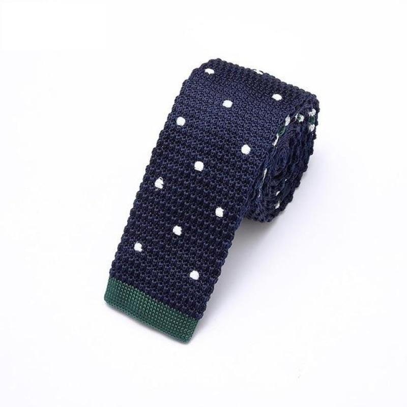 Navy Blue Knit Tie with Green Polka Dots