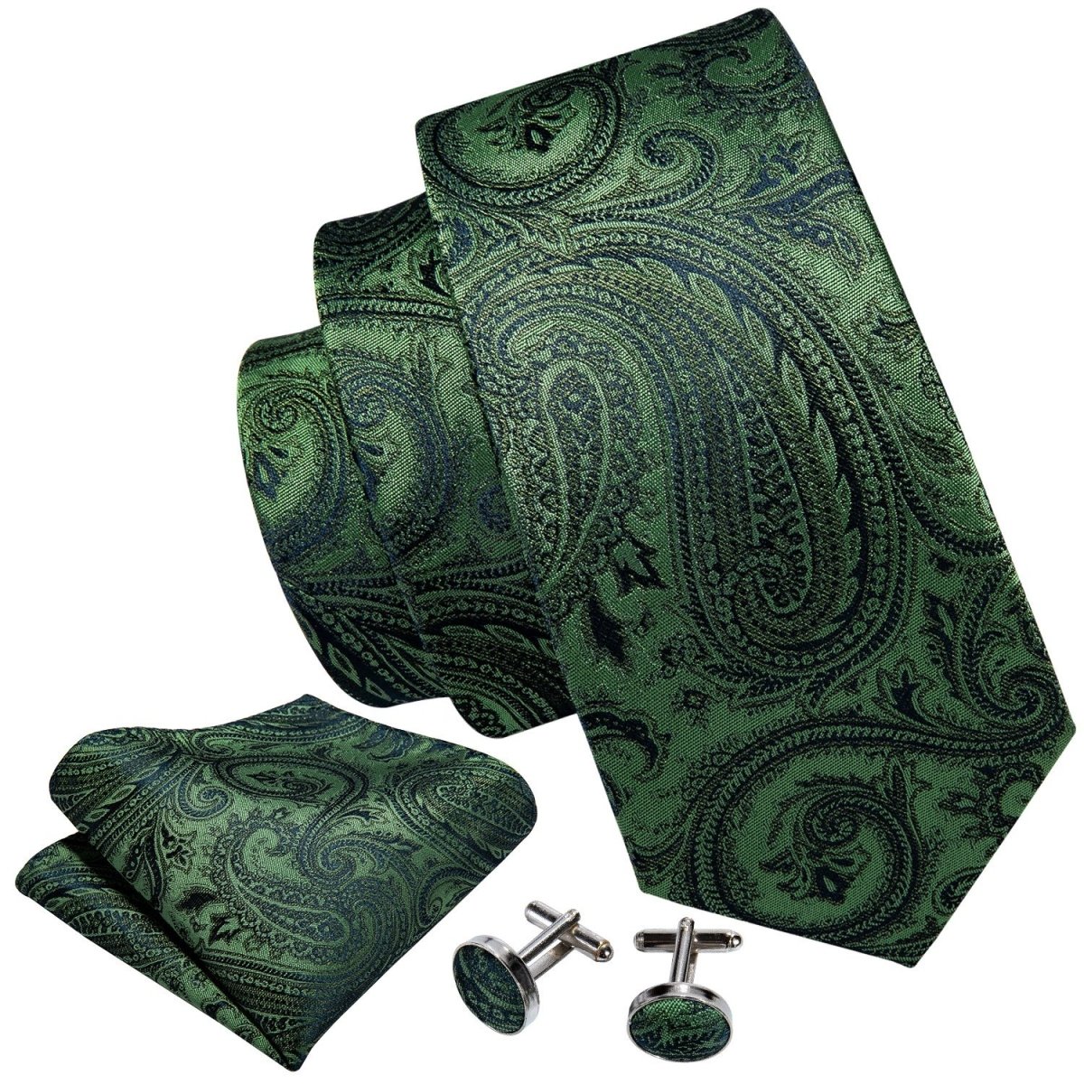 Olive Green &amp; Black Paisley Tie Complete Set - Modern Mister-Men&#39;s Tie, Pocket Square, Cufflink Set-Black-Cufflinks-Green