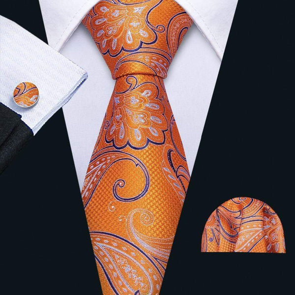 Orange, Silver & Navy Blue Paisley Matching Tie Set (3pc