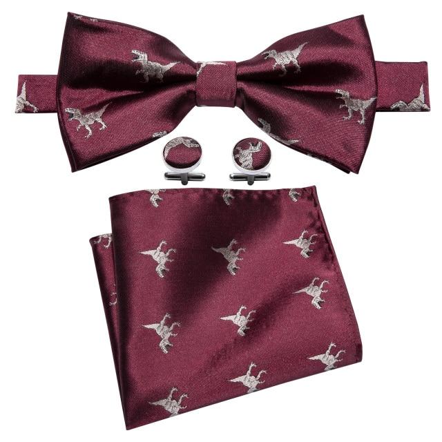 Red &amp; Gold Dinosaurs Novelty Matching Bowtie Set (3pc) - Modern Mister-Men&#39;s Bowtie, Pocket Square, Cufflink Set-Bowtie-Bowtie Set-Cufflinks