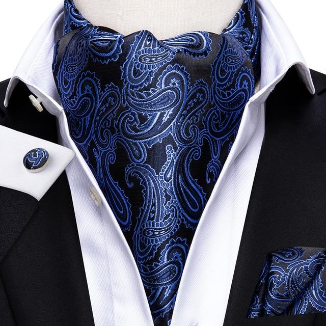 Sapphire Blue & Black Paisley Matching Silk Ascot Set (3pc) - Modern Mister