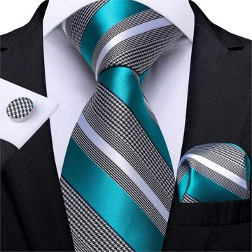 Teal & Houndstooth Checkered Stripes Matching Tie Set (3pc) - Modern Mister-Necktie Matching Set (3pc)-Checkered-Houndstooth-Stripes