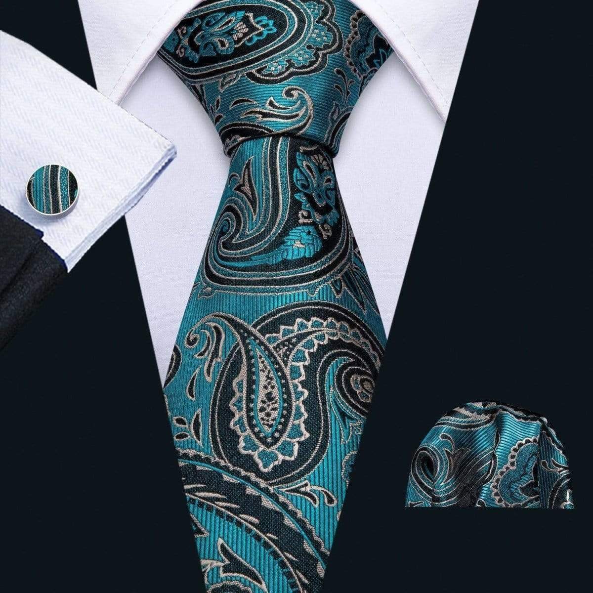 Teal, Silver u0026 Black Paisley Matching Tie Set (3pc) - Modern Mister